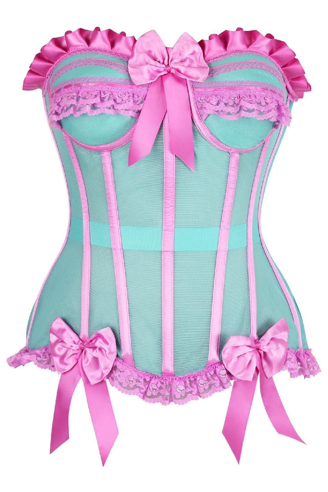 Daisy Corsets Top Drawer Steel Boned Mint/Pink Mesh Underwire Bustier Corset in Pink  from SexyShoes.com