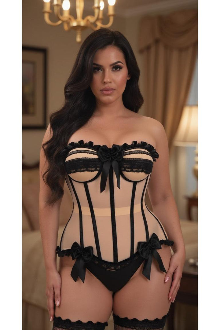 Top Drawer Steel Boned Nude & Black Mesh Underwire Bustier Corset-Bustier Corsets-SEXYSHOES.COM
