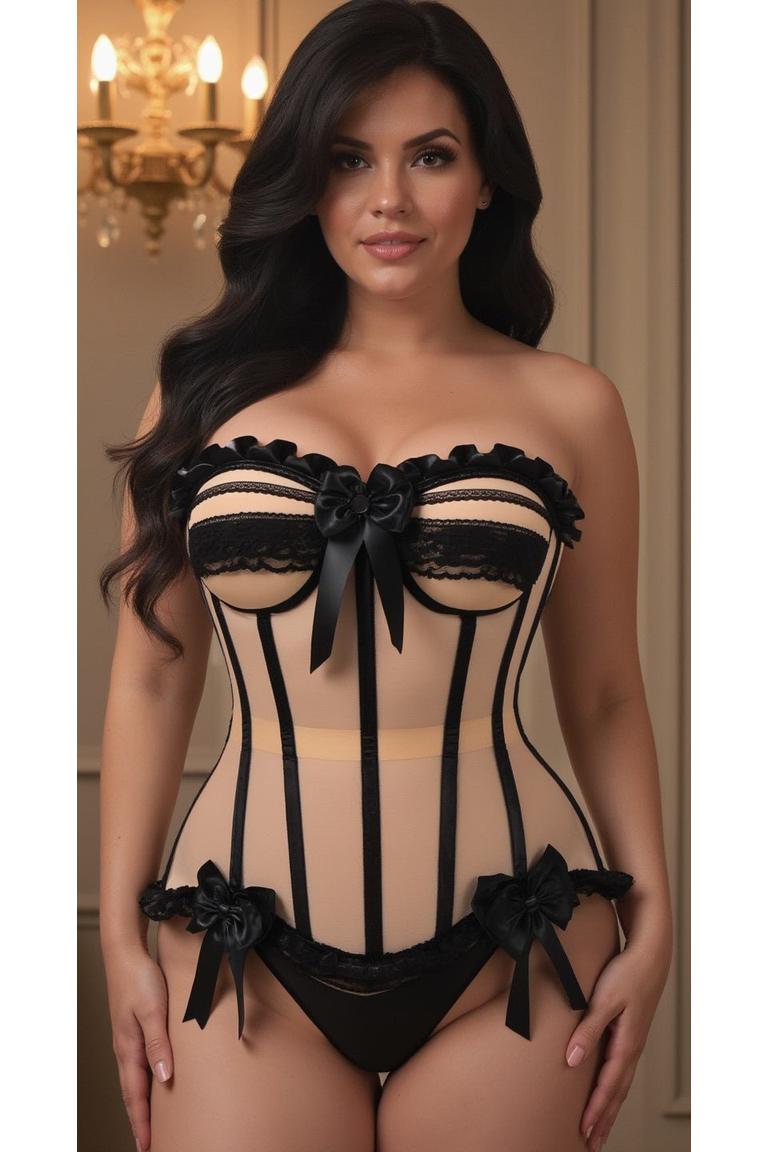 Top Drawer Steel Boned Nude & Black Mesh Underwire Bustier Corset-Bustier Corsets-SEXYSHOES.COM