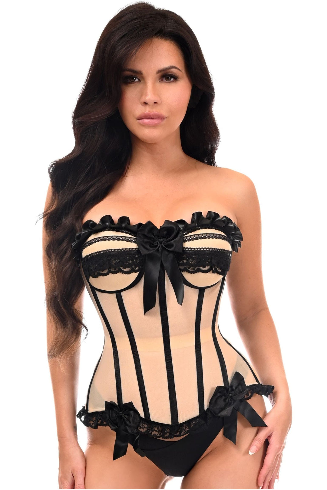 Top Drawer Steel Boned Nude & Black Mesh Underwire Bustier Corset-Bustier Corsets-SEXYSHOES.COM