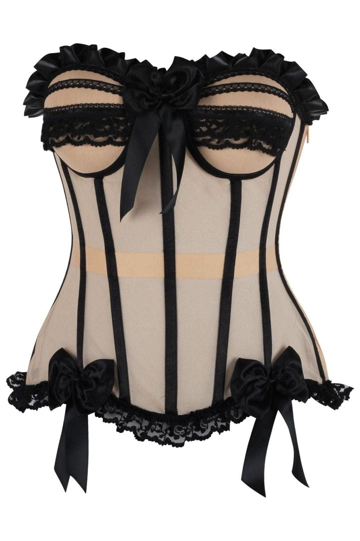 Top Drawer Steel Boned Nude & Black Mesh Underwire Bustier Corset-Bustier Corsets-SEXYSHOES.COM