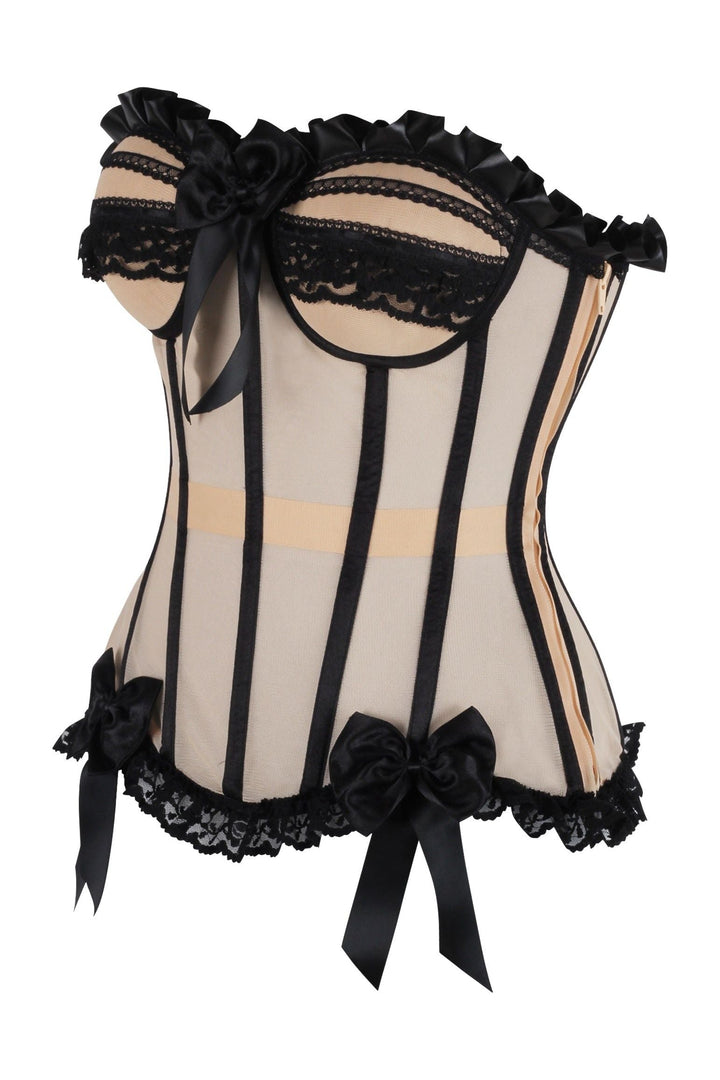 Top Drawer Steel Boned Nude & Black Mesh Underwire Bustier Corset-Bustier Corsets-SEXYSHOES.COM