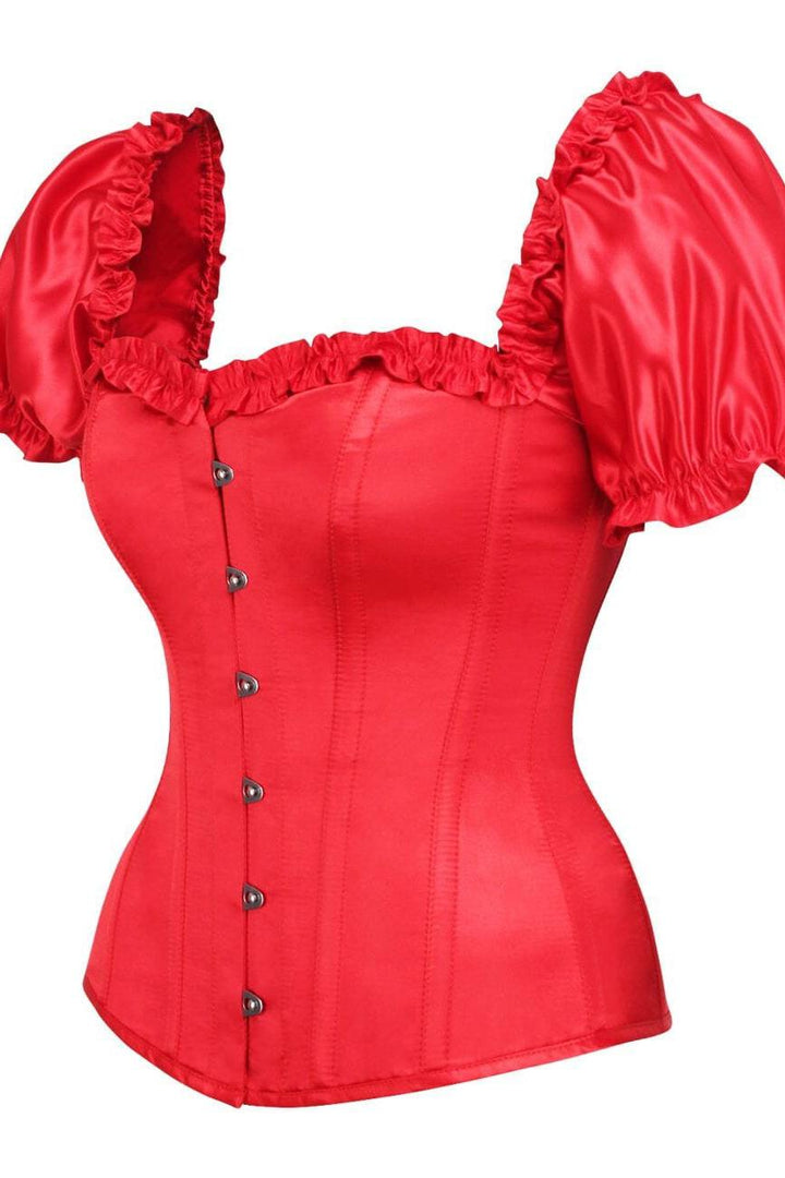 Top Drawer Steel Boned Red Satin Overbust Corset w/Sleeves-Overbust Corsets-SEXYSHOES.COM