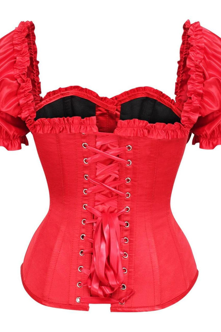 Top Drawer Steel Boned Red Satin Overbust Corset w/Sleeves-Overbust Corsets-SEXYSHOES.COM