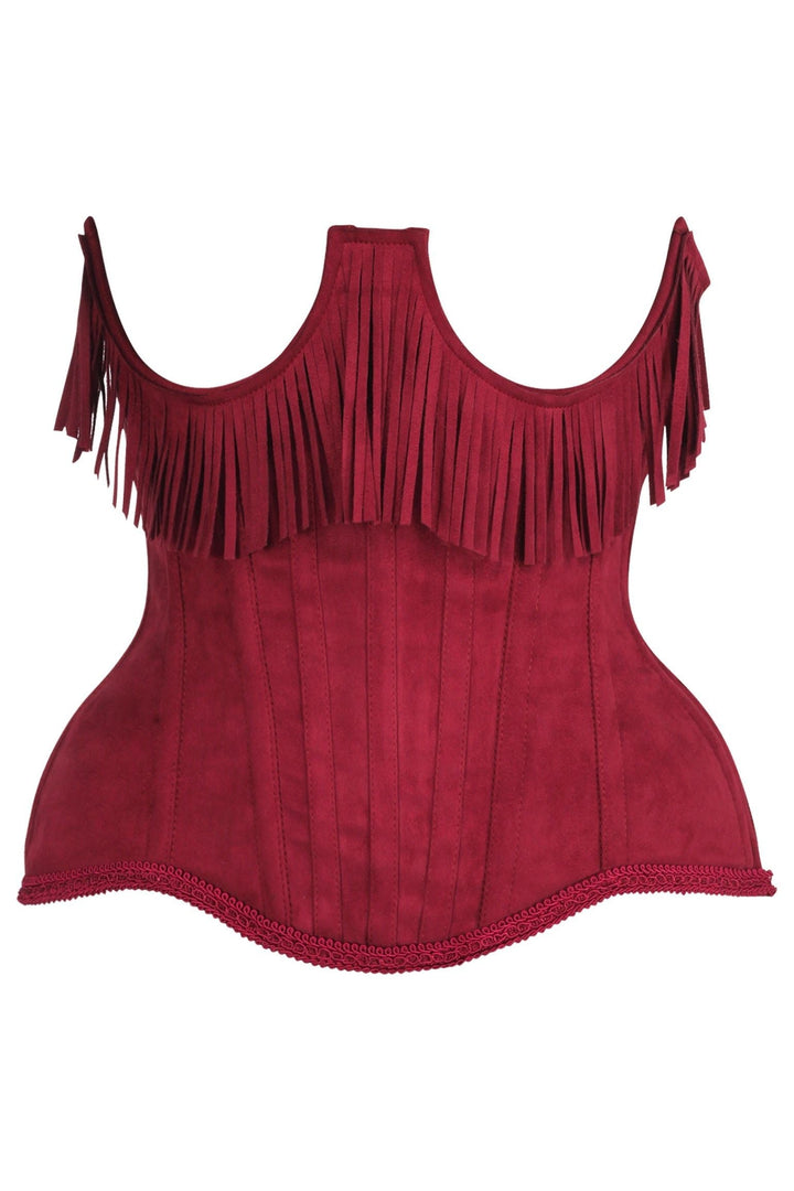 Top Drawer Steel Boned Red Suede Underwire Underbust Corset Cincher w/Fringe-Waist Cinchers-SEXYSHOES.COM