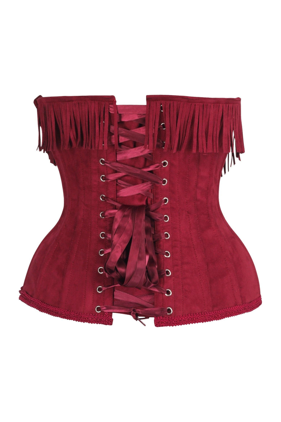 Top Drawer Steel Boned Red Suede Underwire Underbust Corset Cincher w/Fringe-Waist Cinchers-SEXYSHOES.COM