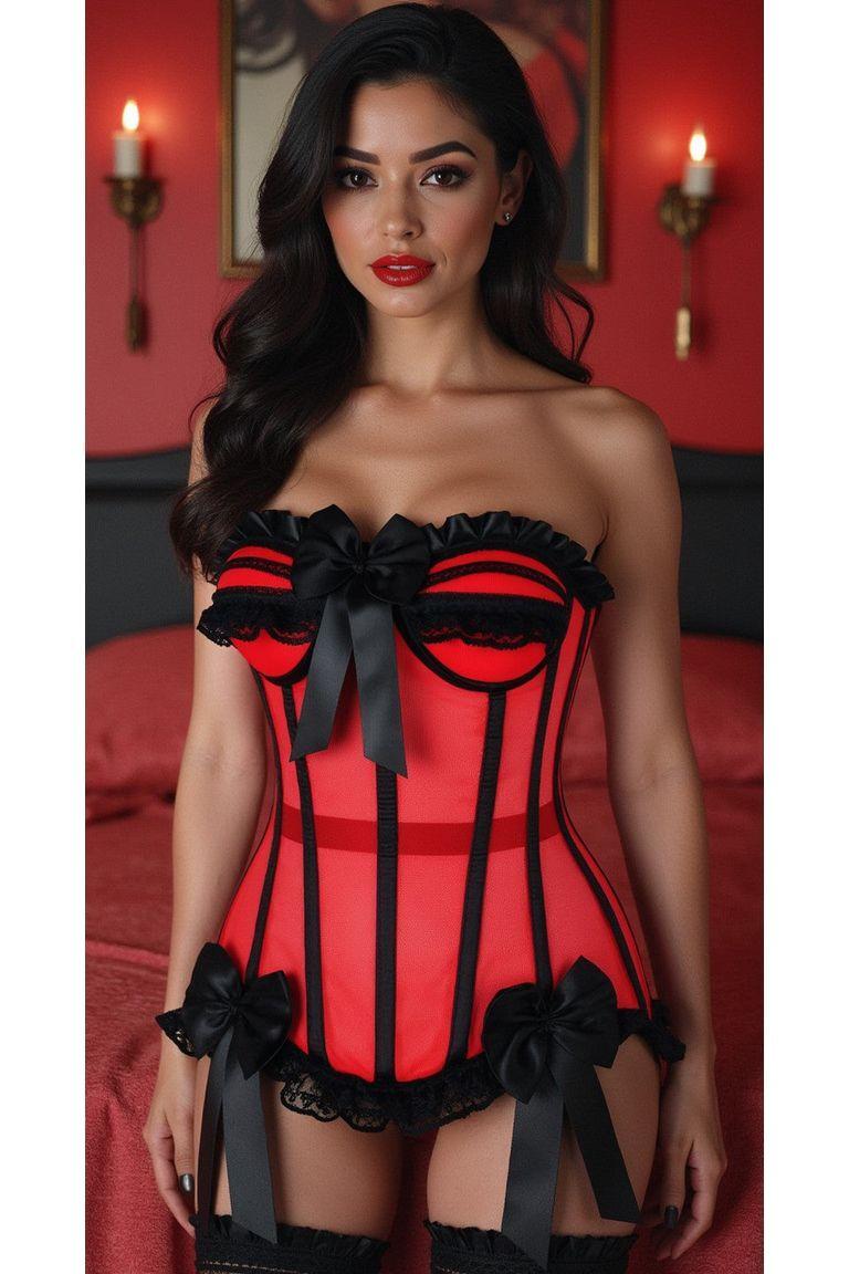 Daisy Corsets Top Drawer Steel Boned Red/Black Mesh Underwire Bustier Corset in Red
