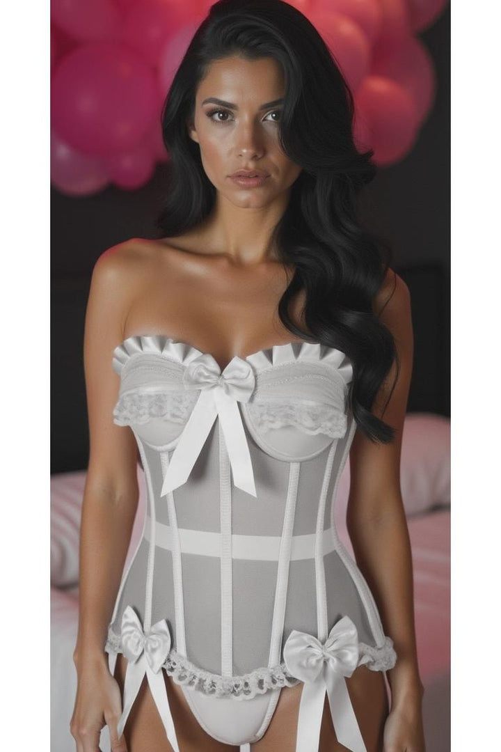 Top Drawer Steel Boned White Mesh Underwire Bustier Corset-Bustier Corsets-SEXYSHOES.COM