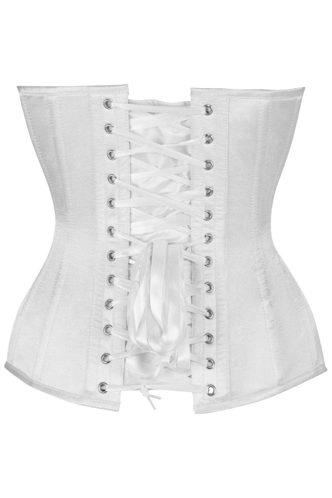 Top Drawer Steel Boned White Satin Plunge Neckline Overbust Corset-Overbust Corsets-SEXYSHOES.COM