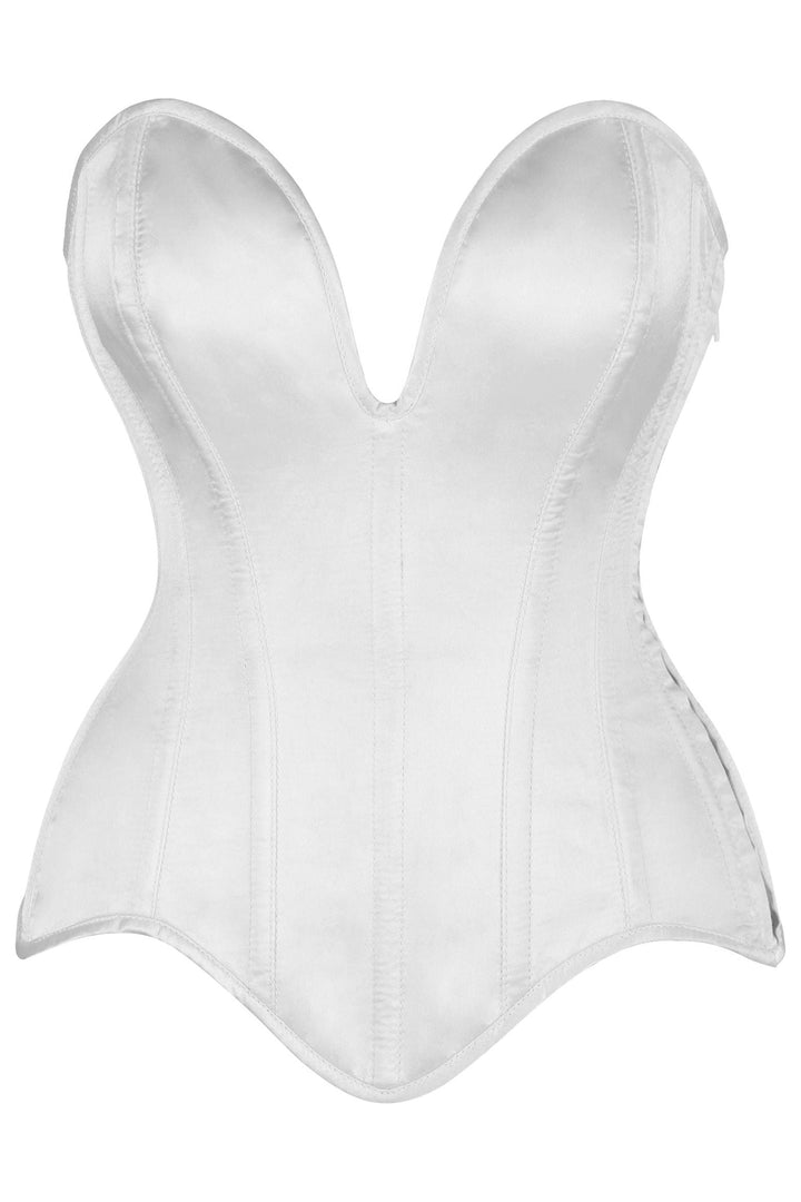 Top Drawer Steel Boned White Satin Plunge Neckline Overbust Corset-Overbust Corsets-SEXYSHOES.COM