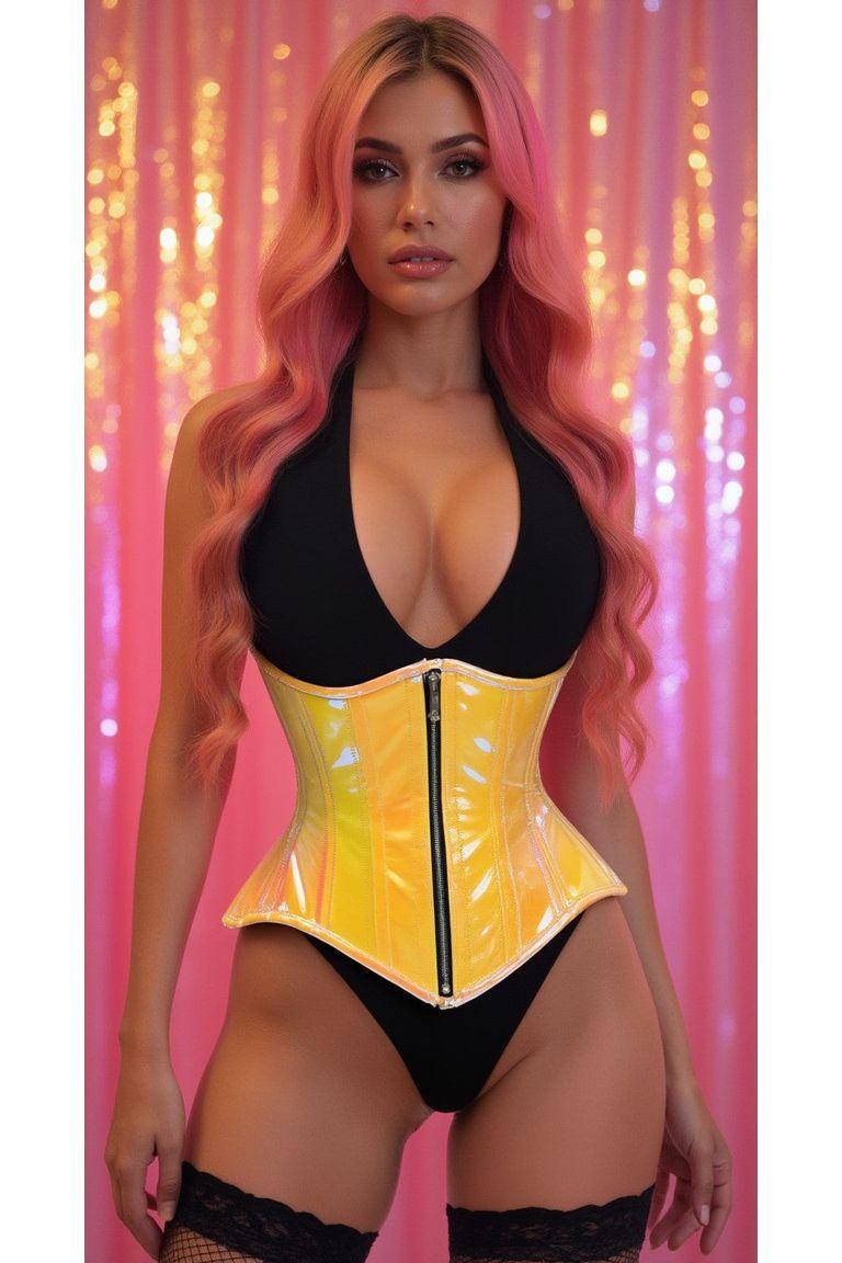 Daisy Corsets Top Drawer Yellow/Pink Holo Double Steel Boned Underbust Waist Cincher Corset in Yellow