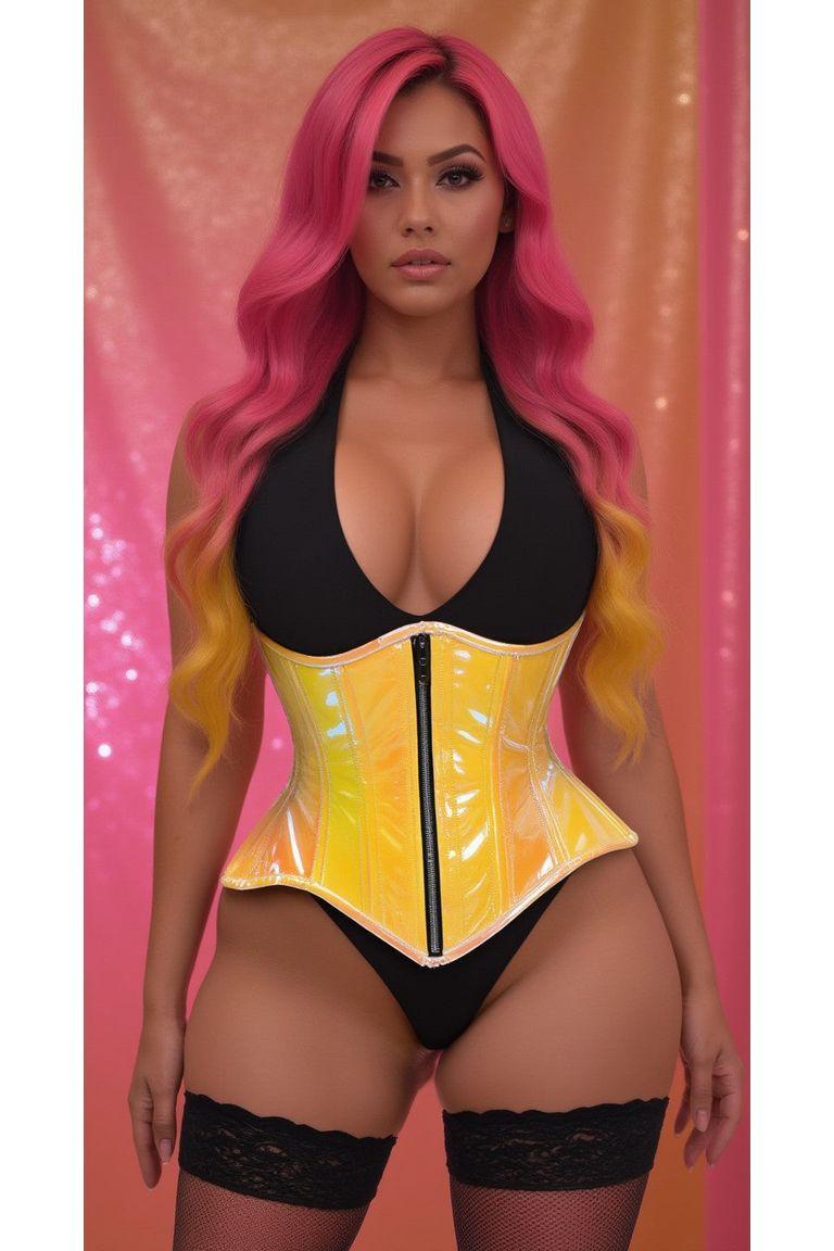 Daisy Corsets Top Drawer Yellow/Pink Holo Double Steel Boned Underbust Waist Cincher Corset in Yellow