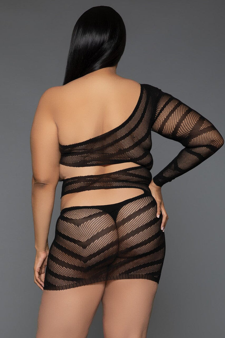 V-neck long sleeves Fishnet Minidress-Stripper Dresses-SEXYSHOES.COM