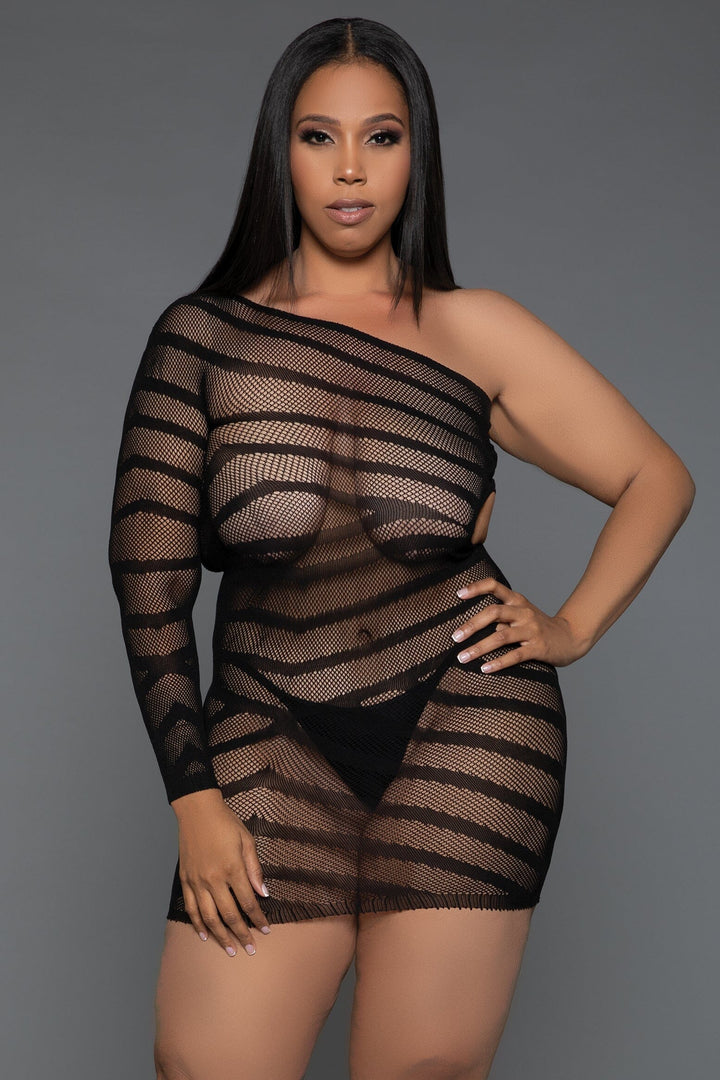 V-neck long sleeves Fishnet Minidress-Stripper Dresses-SEXYSHOES.COM