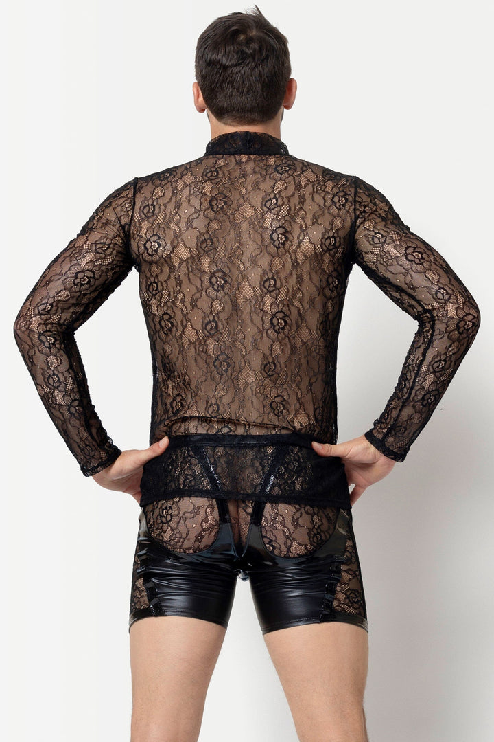 VALLA Floral Lace Long Sleeved Shirt-Fetish Tops-SEXYSHOES.COM
