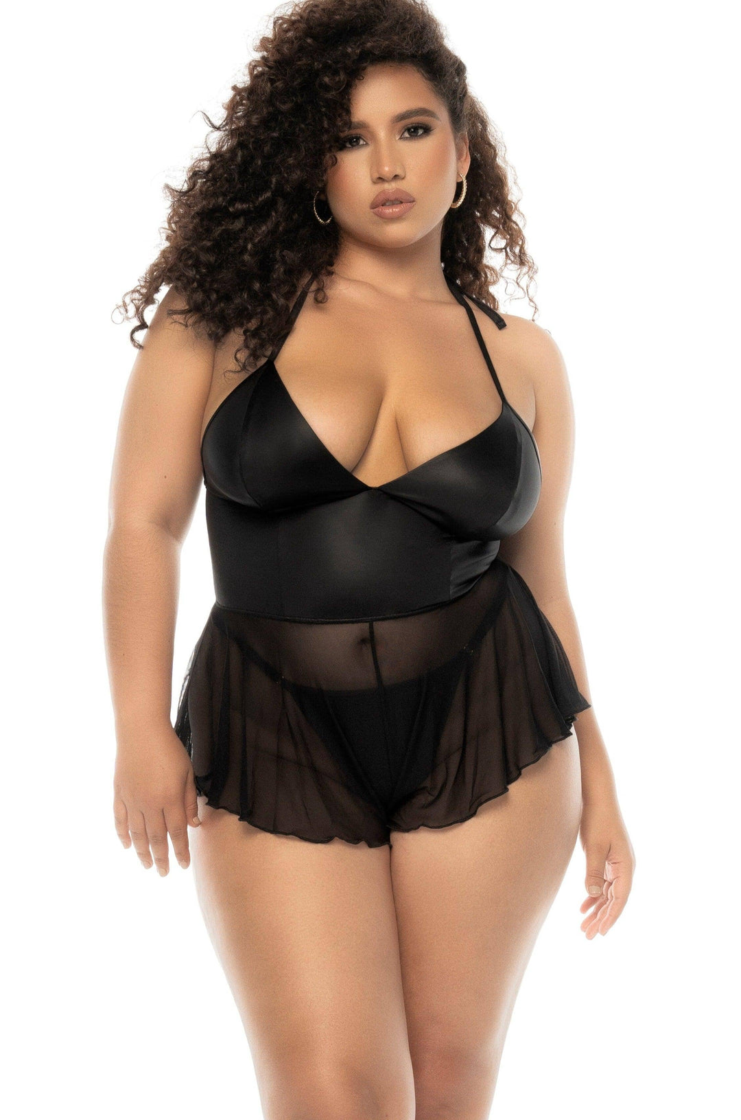 Wet-Look Romper with Halter Neck-Tie | Plus Size - SEXYSHOES.COM
