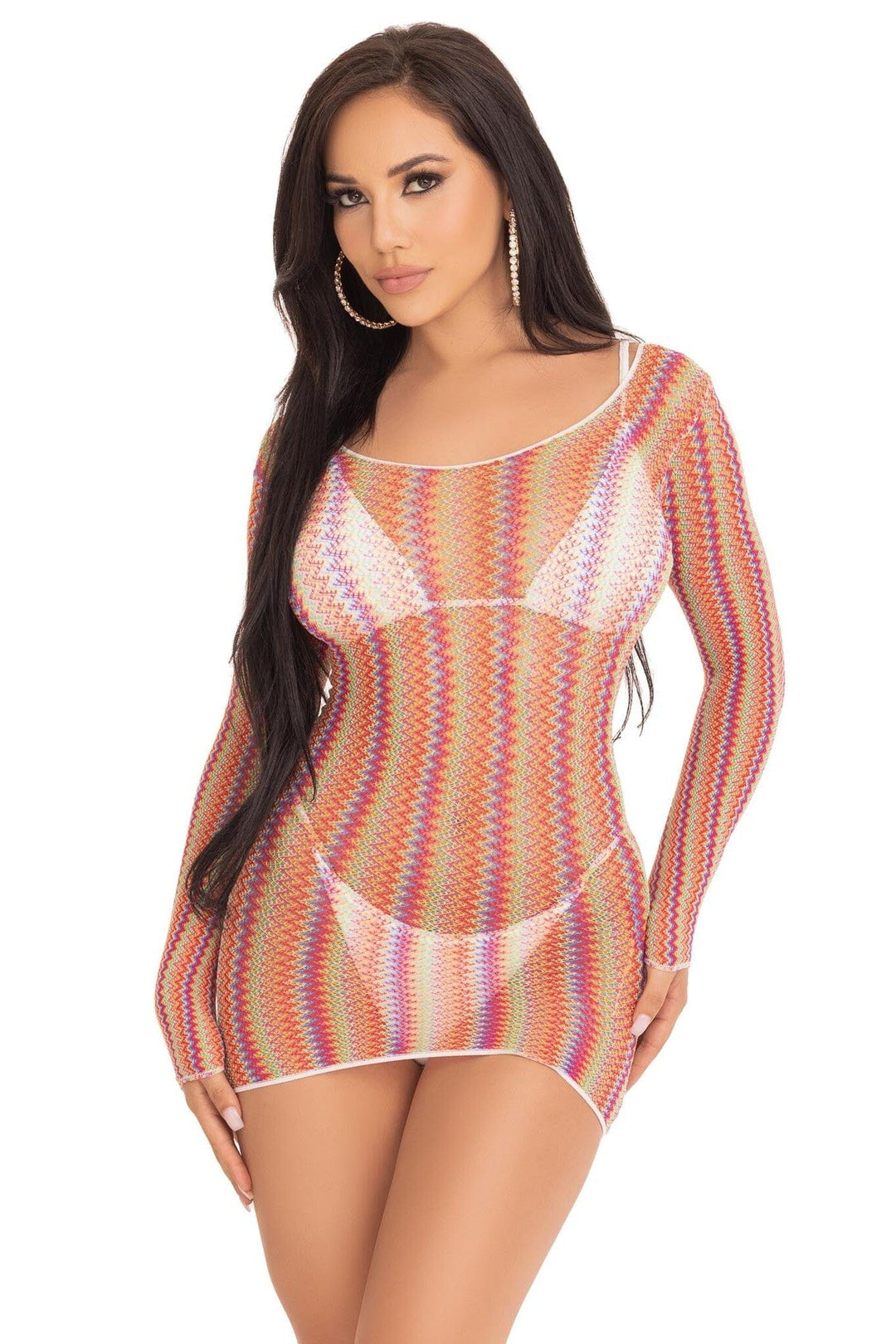 Zig Zag Rainbow Net Long Sleeve Mini Dress-Stripper Dresses-SEXYSHOES.COM