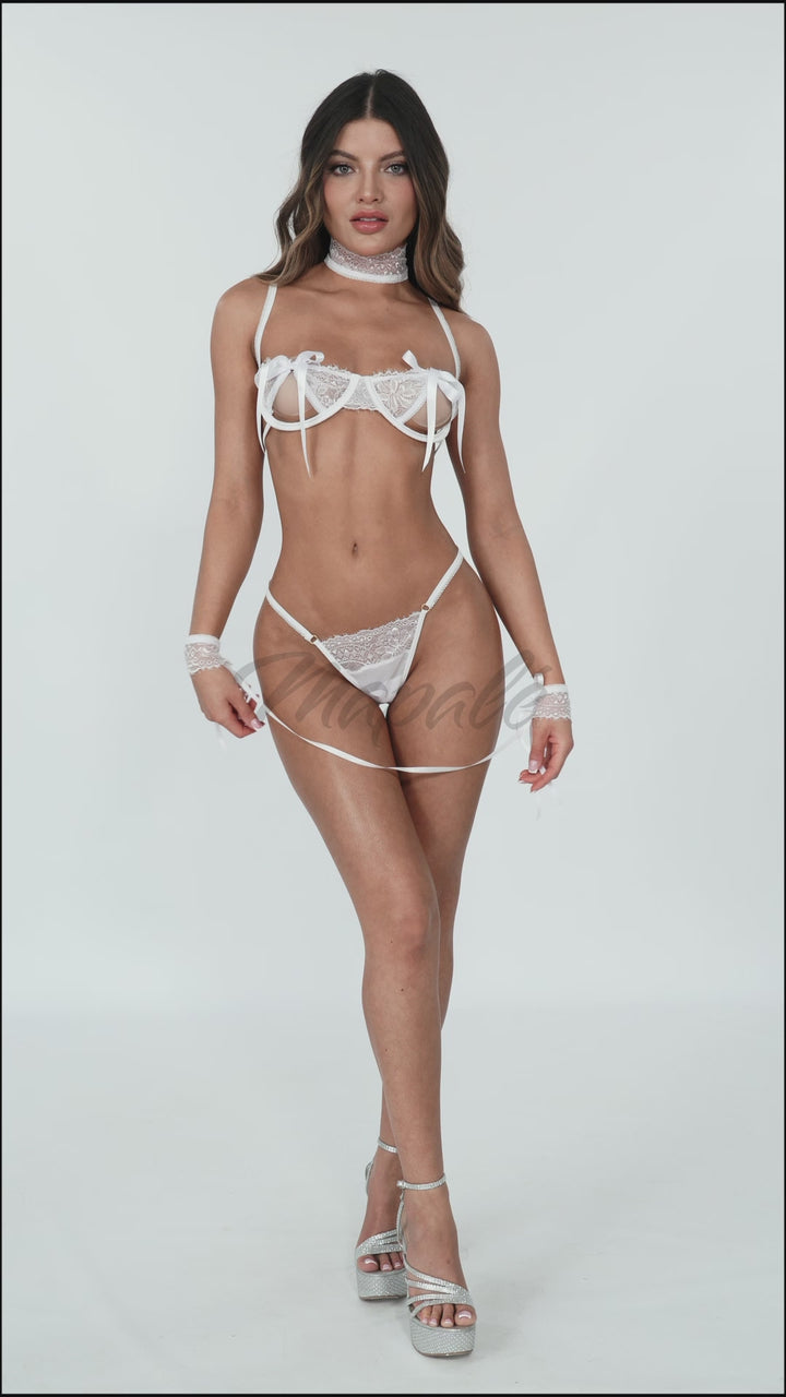 4-Piece Open Cup Lingerie Set with Lace Cuffs