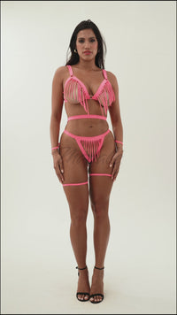 Fringe Wet-Look Pink Two-Piece Set