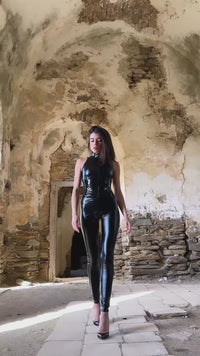 Noir Handmade Taboo Wetlook Leggings With Open Crotch And Bum in Black