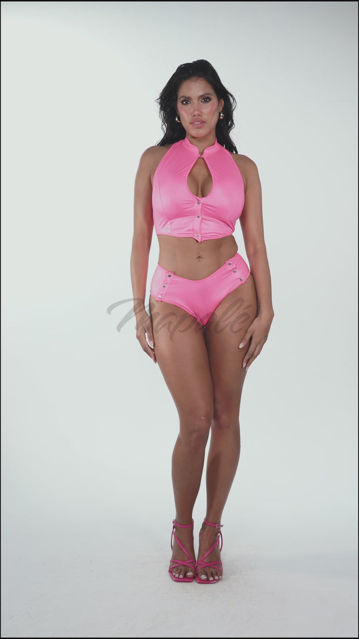SS-Keyhole Snap-Button Wet-Look Pink Set