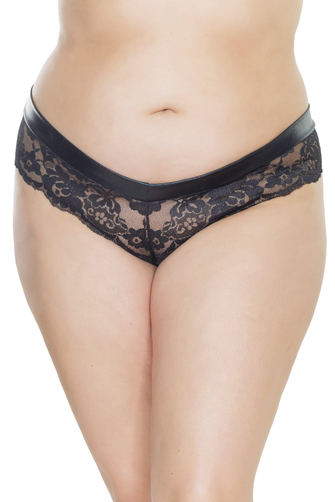 1 PC. Low Rise Wetlook & Scallop Lace Panty W/ Chain Crotch Detail | Plus Size-Panties-Coquette-Black-Q-SEXYSHOES.COM