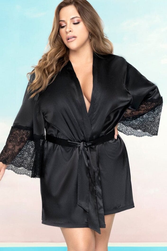 3/4 Sleeves Satin Robe With Lace Edging-Gowns + Robes-Mapale-Black-1/2XL-SEXYSHOES.COM