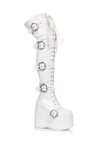 Ellie Shoes Ellie Shoes 500 KAMORA Chunky Platform Thigh High Stretch Boot w/Buckles in White Faux Leather from SexyShoes.com