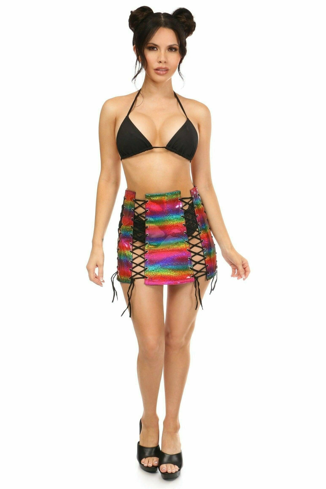 Daisy Corsets Rainbow Glitter Pvc Lace Up Skirt in Rainbow
