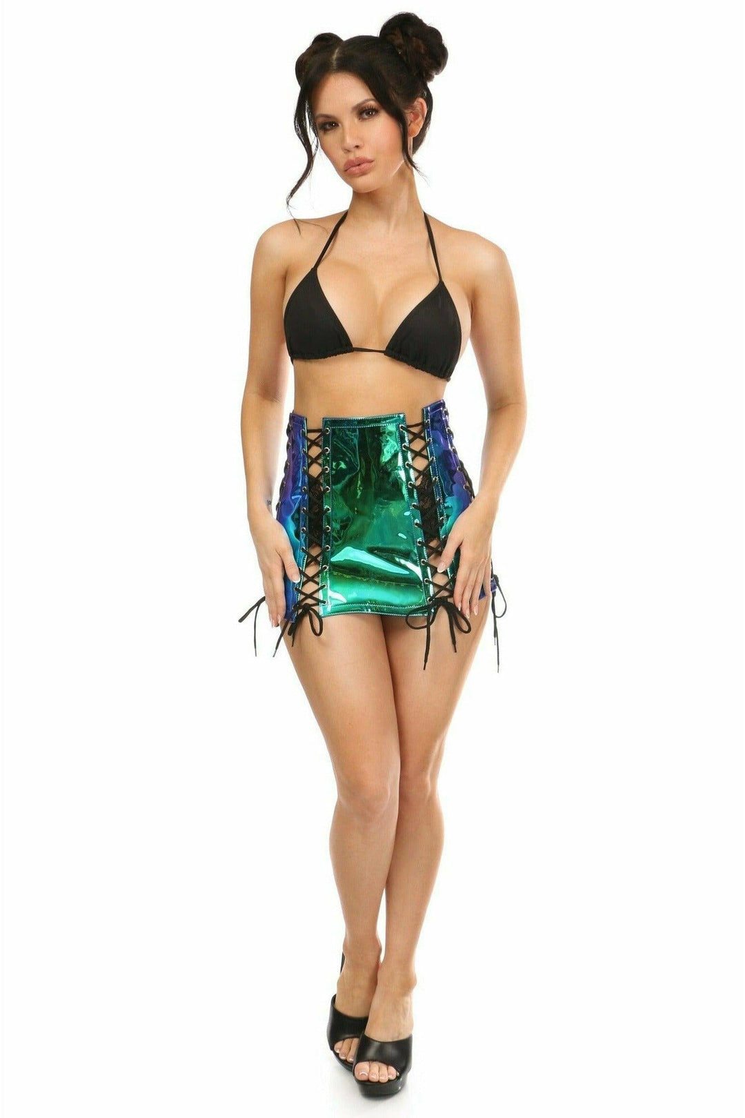 Daisy Corsets Blue/Teal Holo Lace Up Skirt in Blue