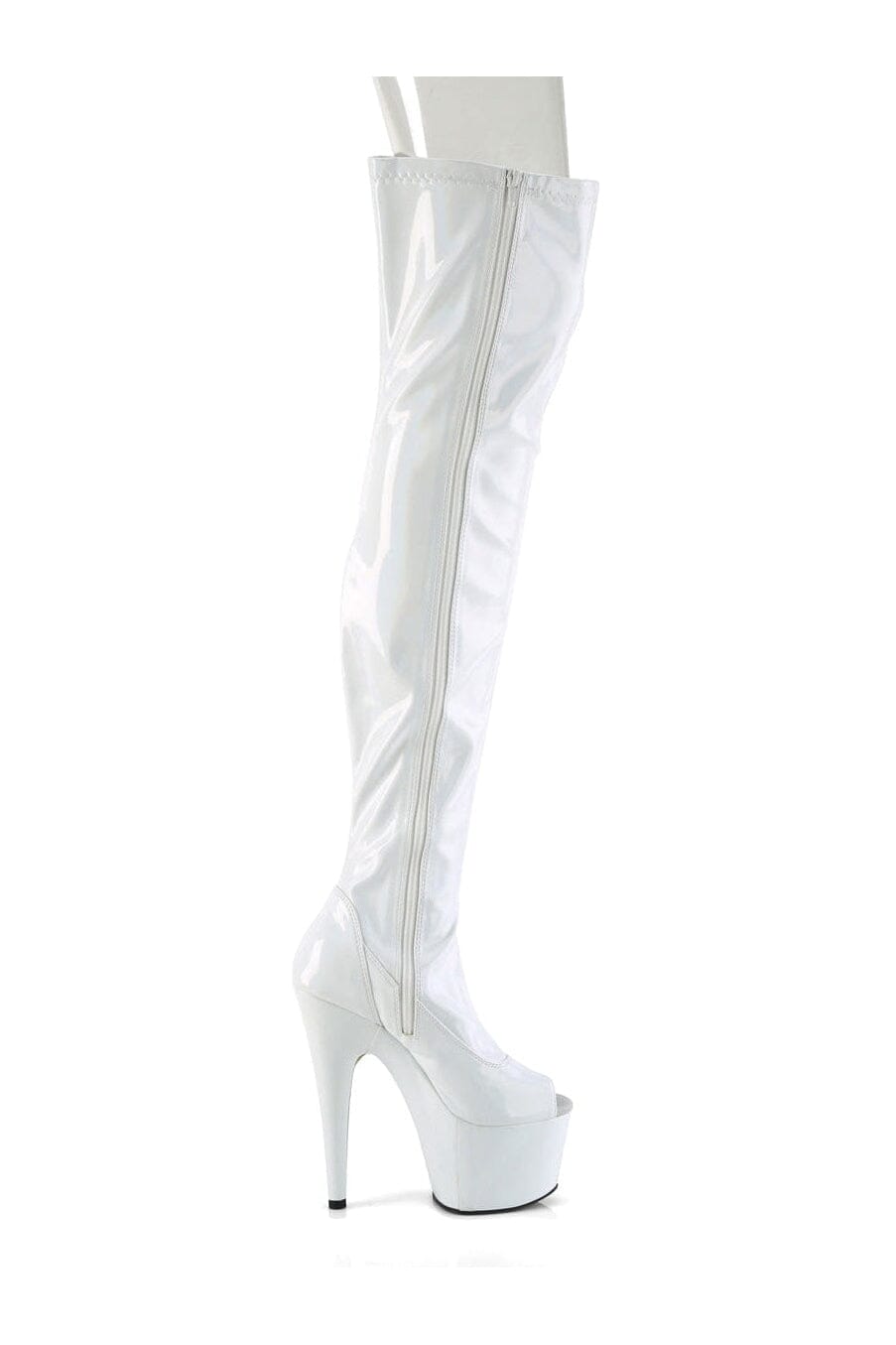 Pleaser ADORE-3011HWR White Hologram Thigh Boot in White Hologram