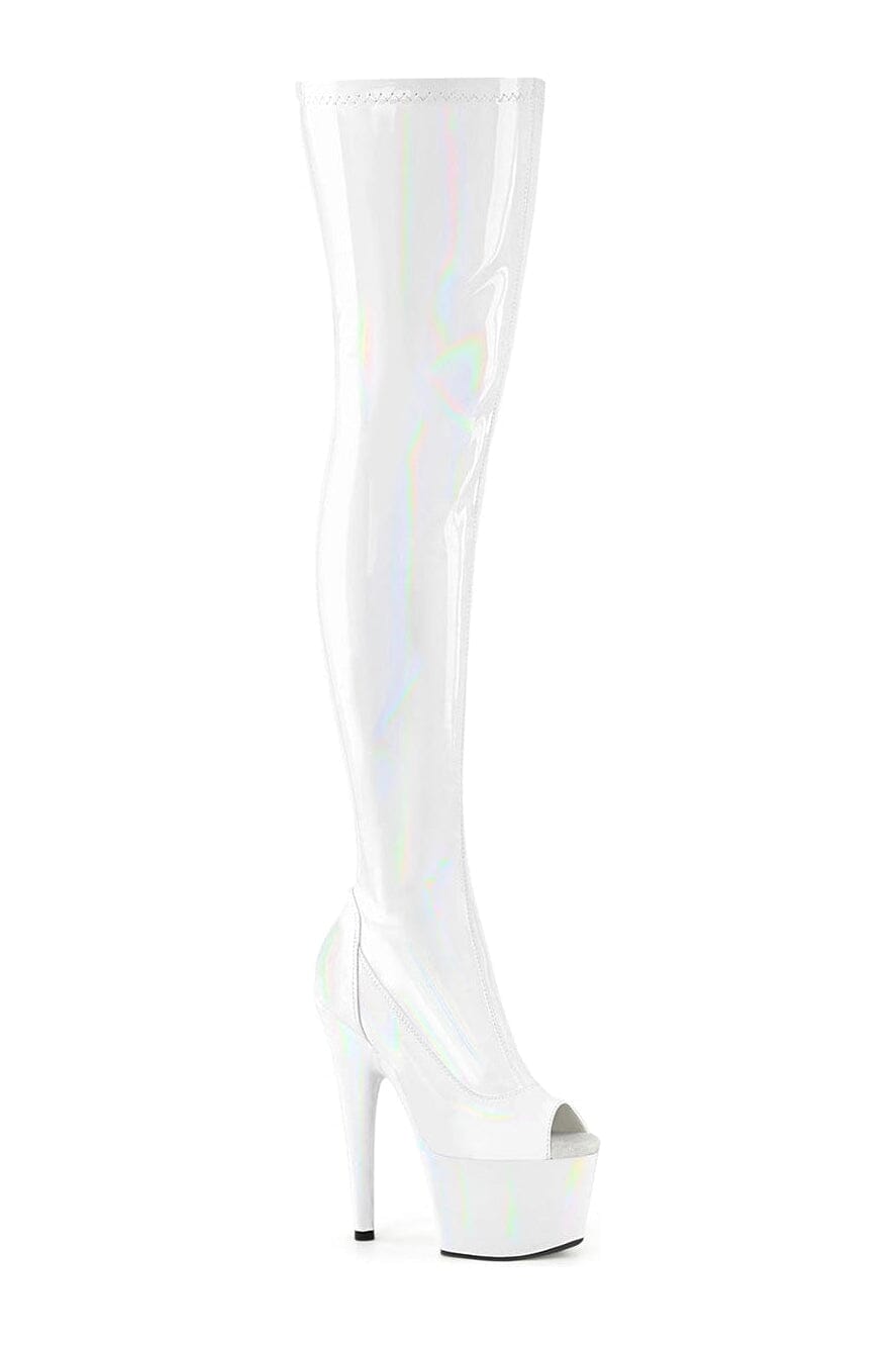 Pleaser ADORE-3011HWR White Hologram Thigh Boot in White Hologram from SexyShoes.com