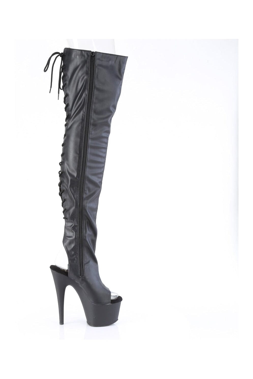 Pleaser ADORE-3017 Black Faux Leather Thigh Boot in Black Faux Leather