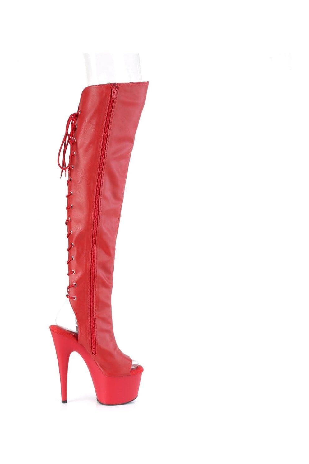 Pleaser ADORE-3019 Red Faux Leather Knee Boot in Red Faux Leather