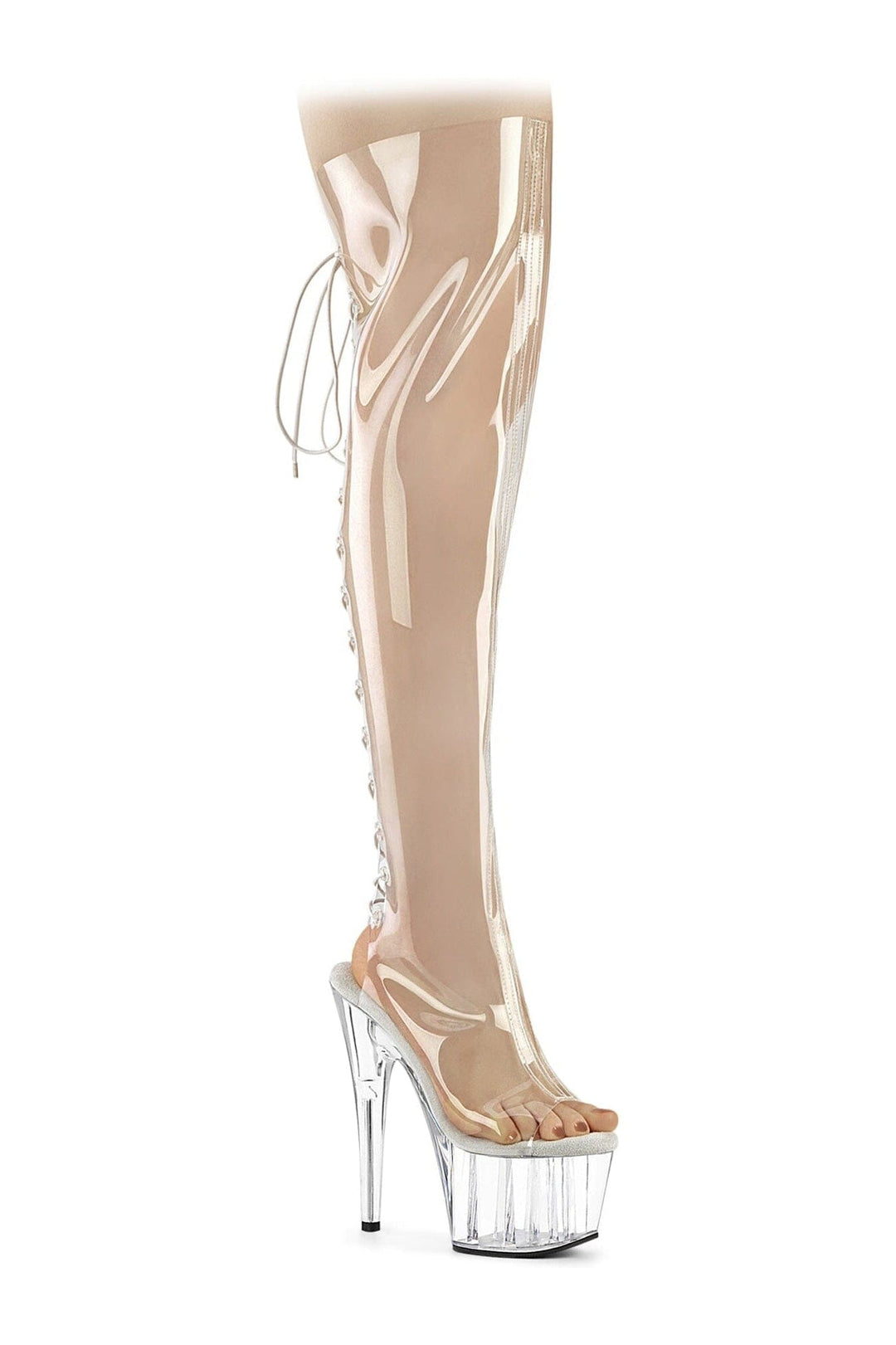 Pleaser ADORE-3019C Clear Faux Leather Knee Boot in Clear Faux Leather from SexyShoes.com