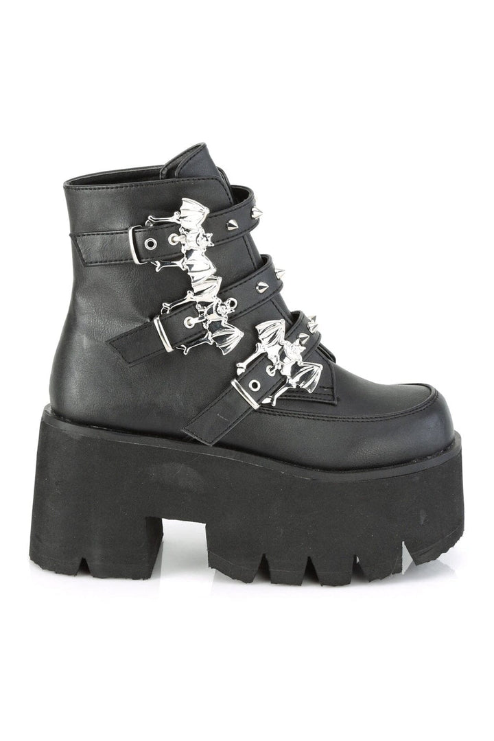 Demonia ASHES-55 Black Vegan Leather Ankle Boot in Black Vegan Leather
