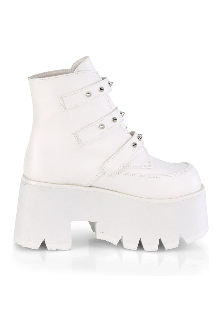 Demonia ASHES-55 White Vegan Leather Ankle Boot in White Vegan Leather