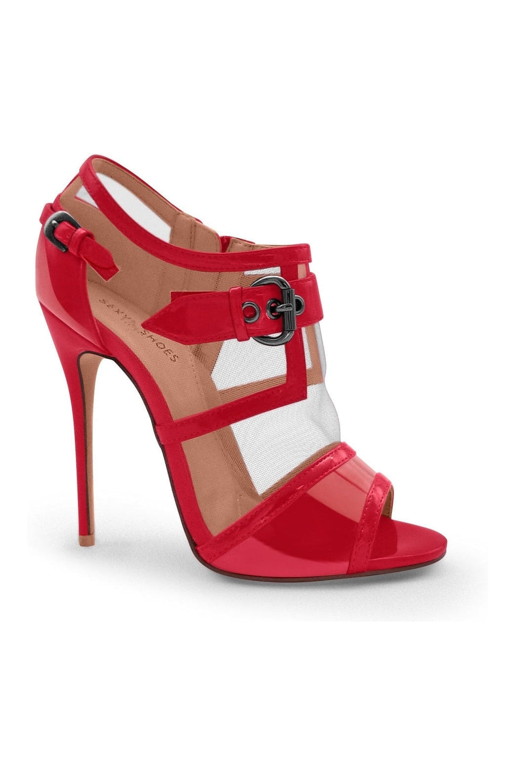 Sexyshoes Signature Mesh Open Toe Stiletto Bootie with Buckle in Red Patent from SexyShoes.com