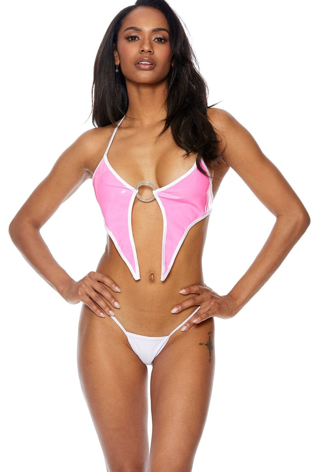 Bat Wing Crop Stretch Vinyl Top-Crop Tops-Bodyshotz-Pink-O/S-SEXYSHOES.COM