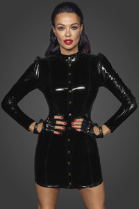 Noir Handmade Button Front Long Sleeve PVC Mini Dress in Black PVC from SexyShoes.com