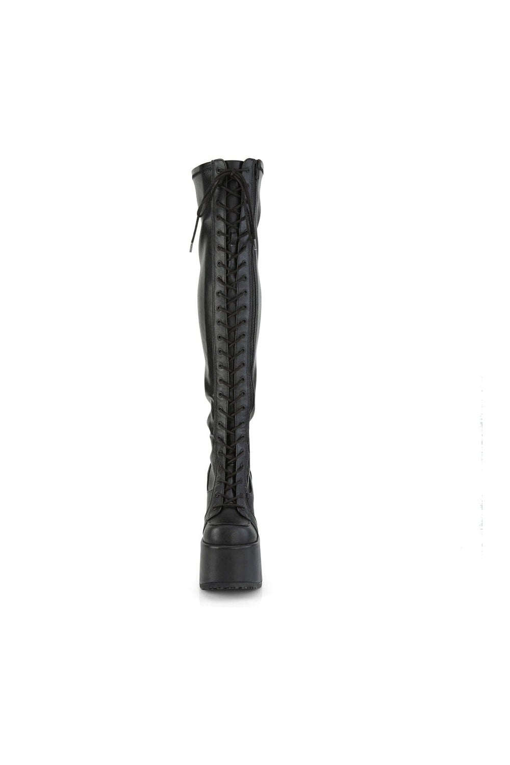 Demonia CAMEL-300 Black Vegan Leather Thigh Boot in Black Vegan Leather