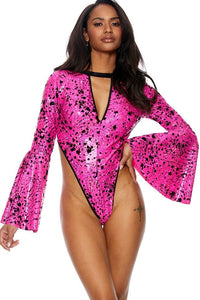Bodyshotz Flocked Hologram Flarred Sleeve Bodysuit in Pink  from SexyShoes.com