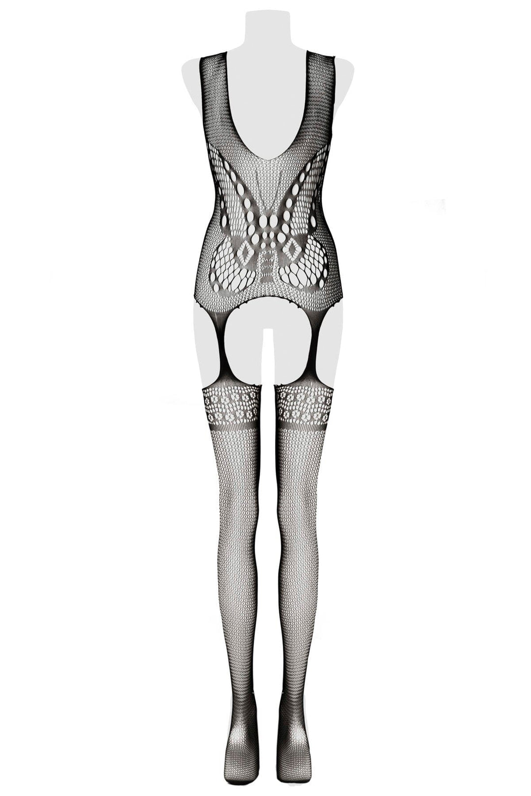 Edgy Lace Harness Bodystocking-Fetish Bodysuits-Grey Velvet-Black-O/S-SEXYSHOES.COM