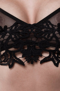 Grey Velvet Embroidered Mesh Lingerie Set in Black