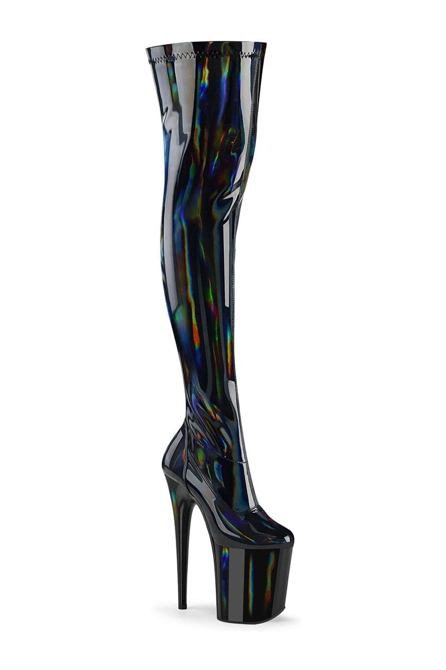 Pleaser FLAMINGO-3000HWR Black Hologram Thigh Boot in Black Hologram from SexyShoes.com