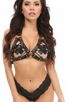 Faux Leather Lace-Up Bra Top-Wings + Harness-SEXYSHOES.COM