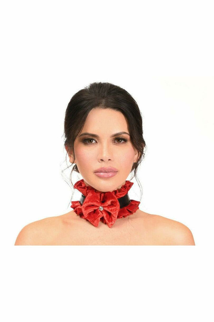 Kitten Collection Red Velvet & Faux Leather Choker-Body Harness-SEXYSHOES.COM