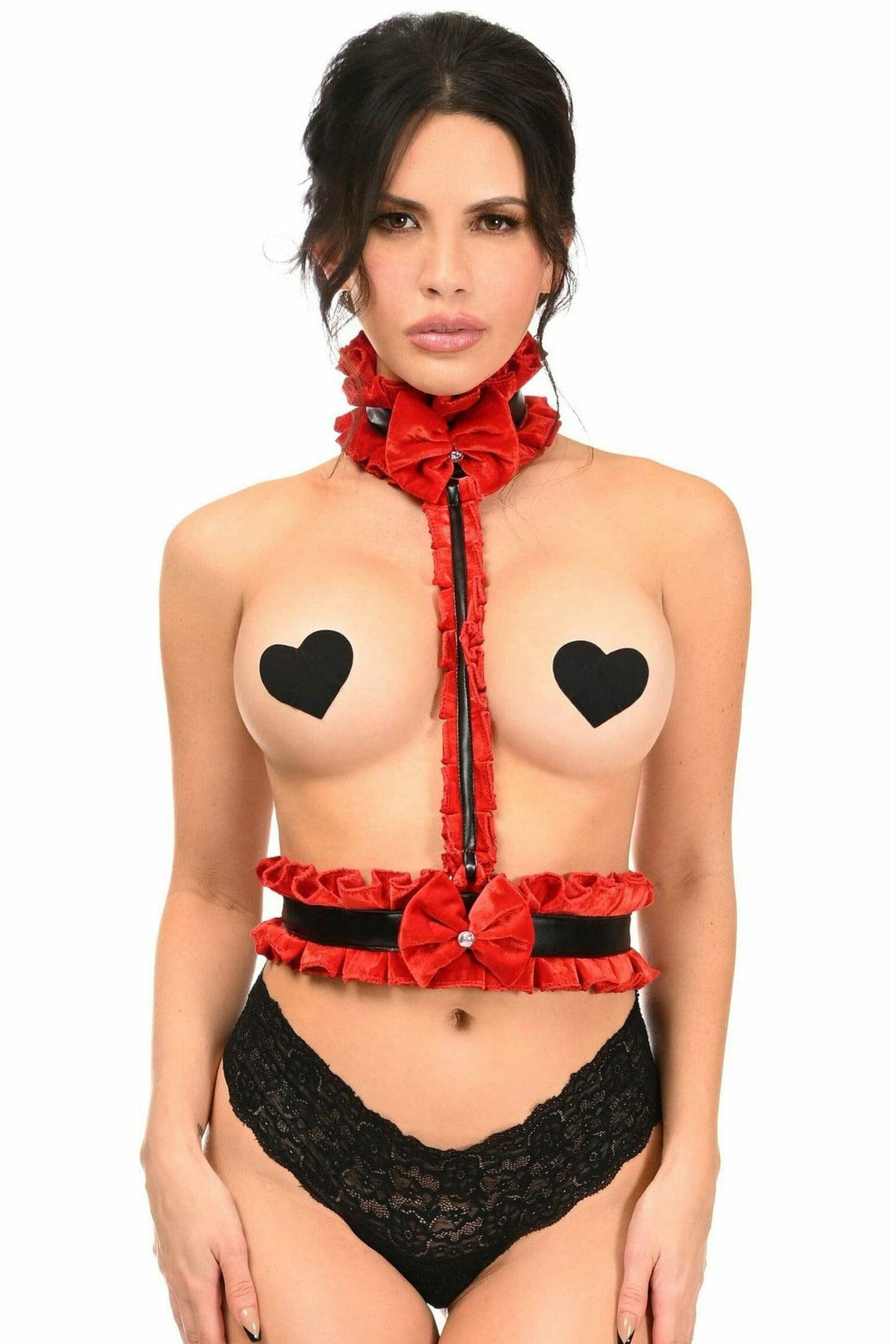 Kitten Collection Red Velvet & Faux Leather Single Strap Body Harness-Body Harness-SEXYSHOES.COM