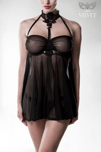 Grey Velvet Halter Choker Mesh Babydoll Set in Black  from SexyShoes.com