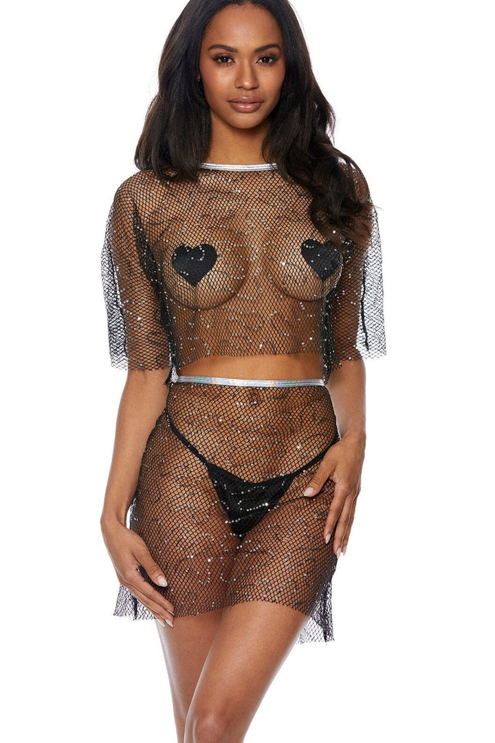 Sequin Swirl 2 Piece Fishnet Top & Skirt Set-Dancewear Sets-SEXYSHOES.COM